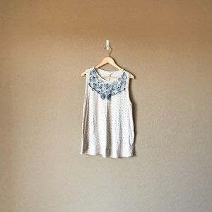Lucky Brand Linen Blend Blue Embroidered Tank Top